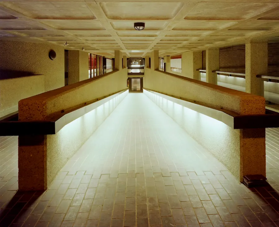 A view of a pedestrian passage to the Barbican Centre, taken on the day the centre was opened in 1982.