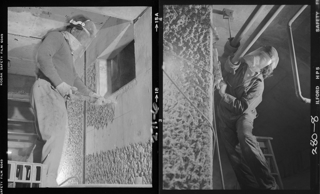 Archival images of construction workers bush-hammering the concrete walls by hand at the Barbican, November 1979.