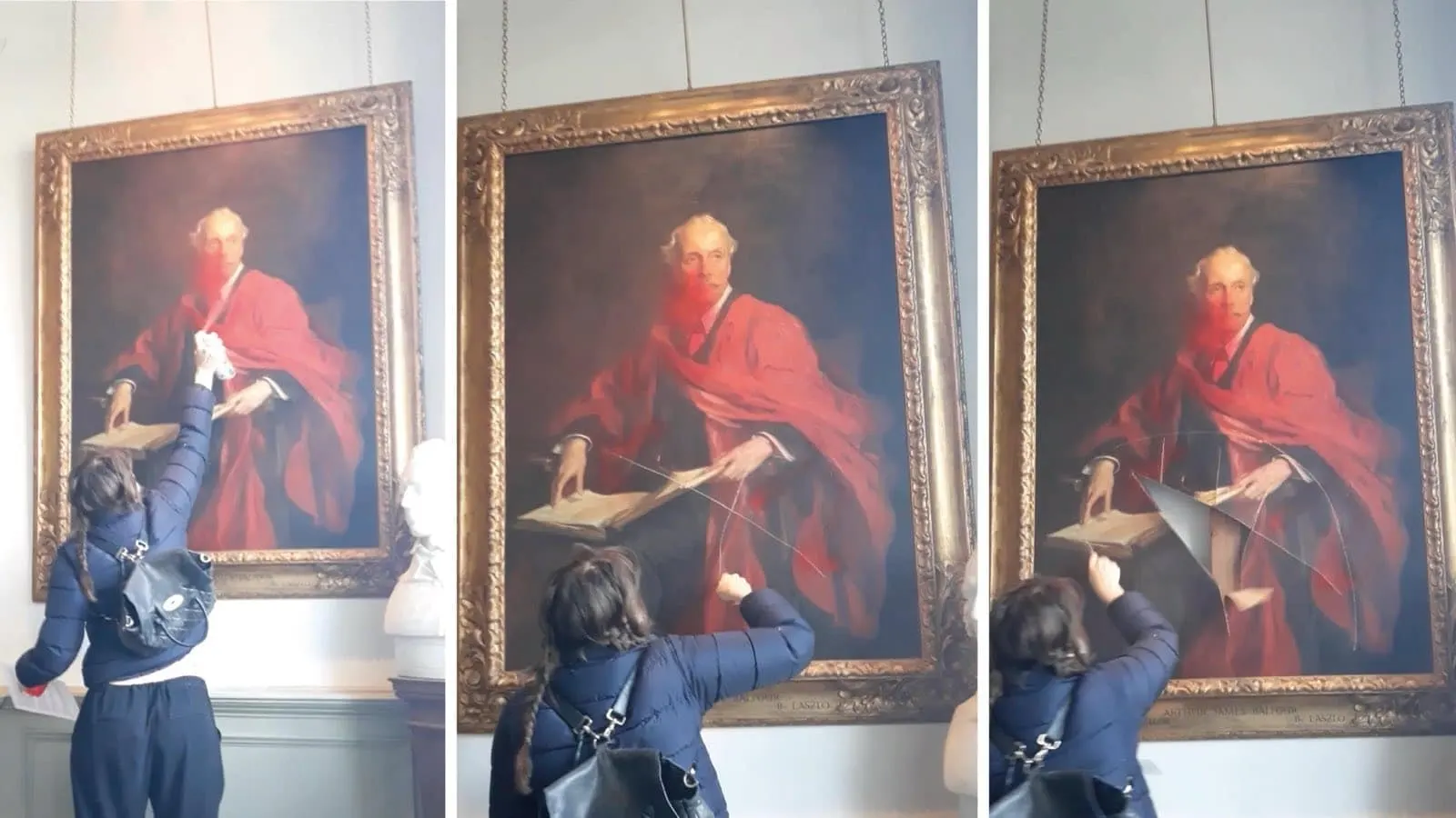 An activist slashing a portrait of Lord Arthur Balfour at Trinity College, Cambridge, 2024. Photo: Palestine Action.