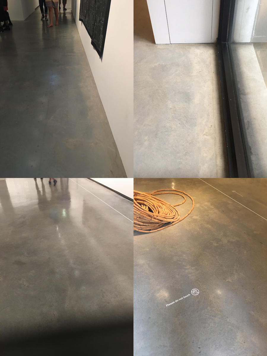 A series of photos showing a concrete floor in the art gallery space.