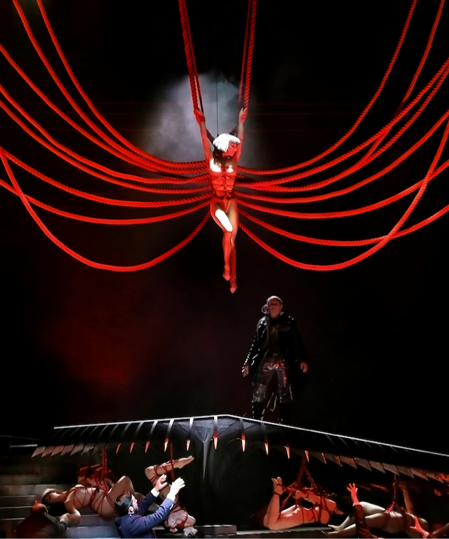 A photo taken during a performance of a woman hanging from a bondage of red ropes.