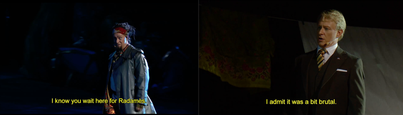 Left: The baritone Michael Honeyman dreadlocked and brown-faced as the King of Ethiopia in Opera Australia’s production of Verdi’s 'Aida' for the Handa Opera, Sydney Harbour, 2015. Right: Honeyman as the Consul of America in Opera Australia’s production of Puccini’s 'Madama Butterfly' for the Handa Opera, Sydney Harbour, 2014.