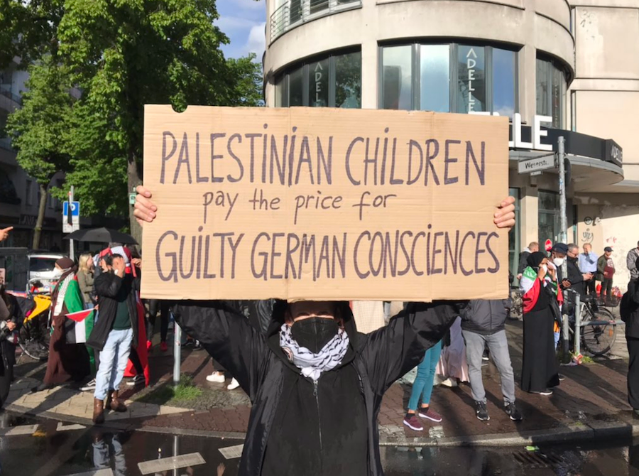 A demonstrator at Berlin's Nakba Day protest, May 15, 2021.