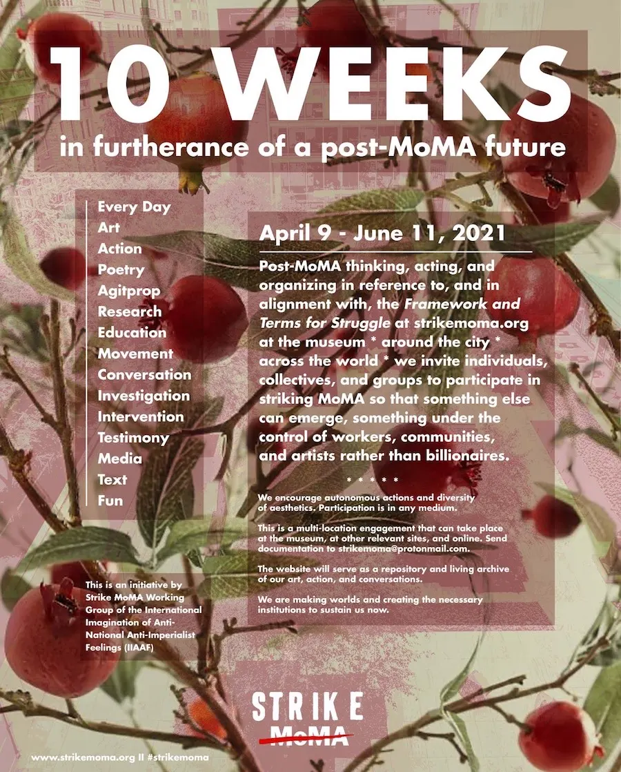 Strike MoMA, "10 Weeks: in furtherance of a post-MoMA future," 2021, poster, (English). Courtesy: Strike MoMA